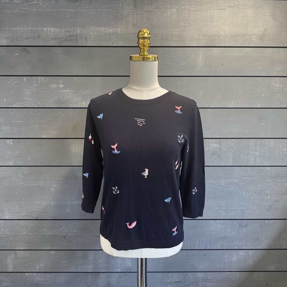 Talbot’s  Nautical Embroidered Cotton Blend Sweater Navy 3/4 Sleeve Beach SP